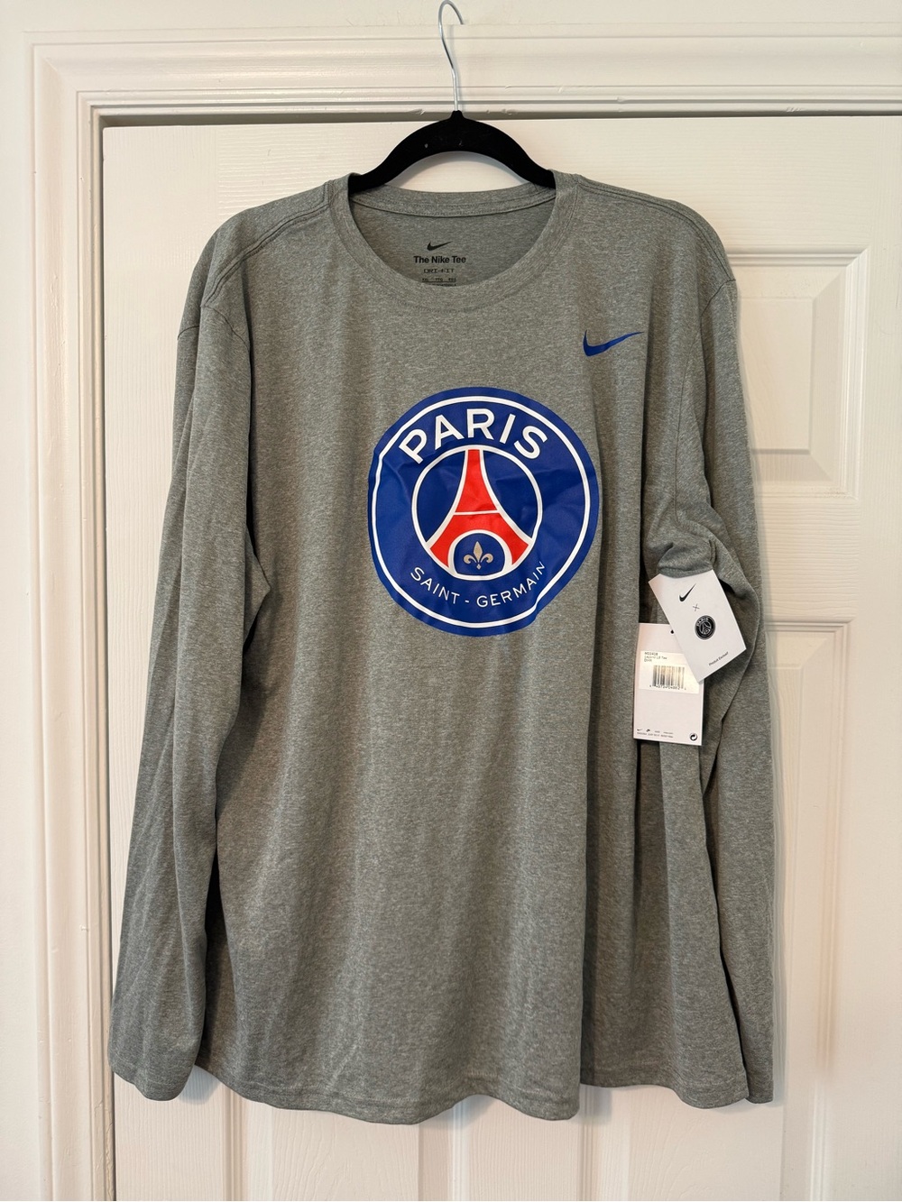 Nike Gray Long Sleeve Paris Saint-Germain Crest Tee with Blue and Red Logo